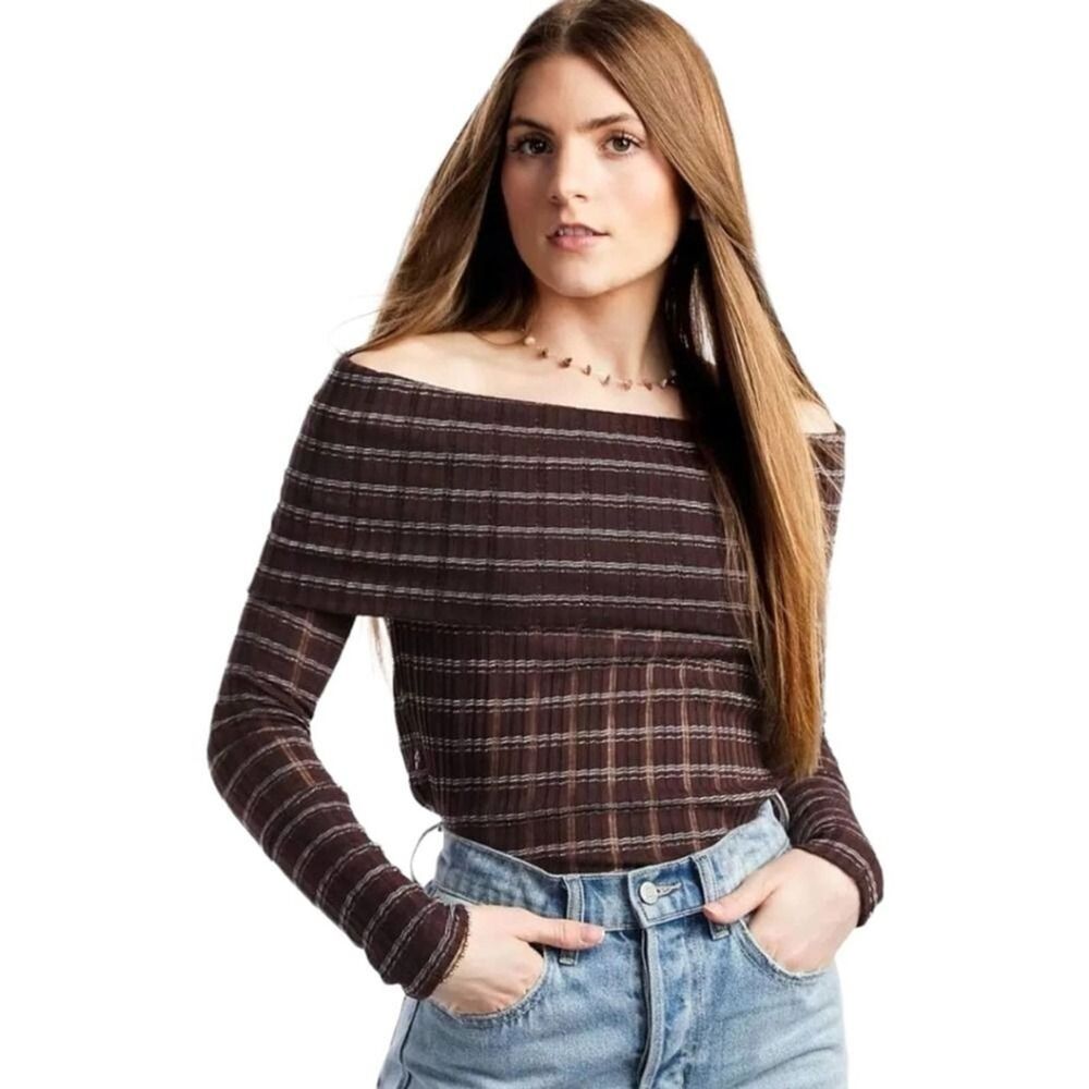 NWT Free People Snowbunny Off The Shoulder Semi Sheer Metallic Long Sleeve Top L